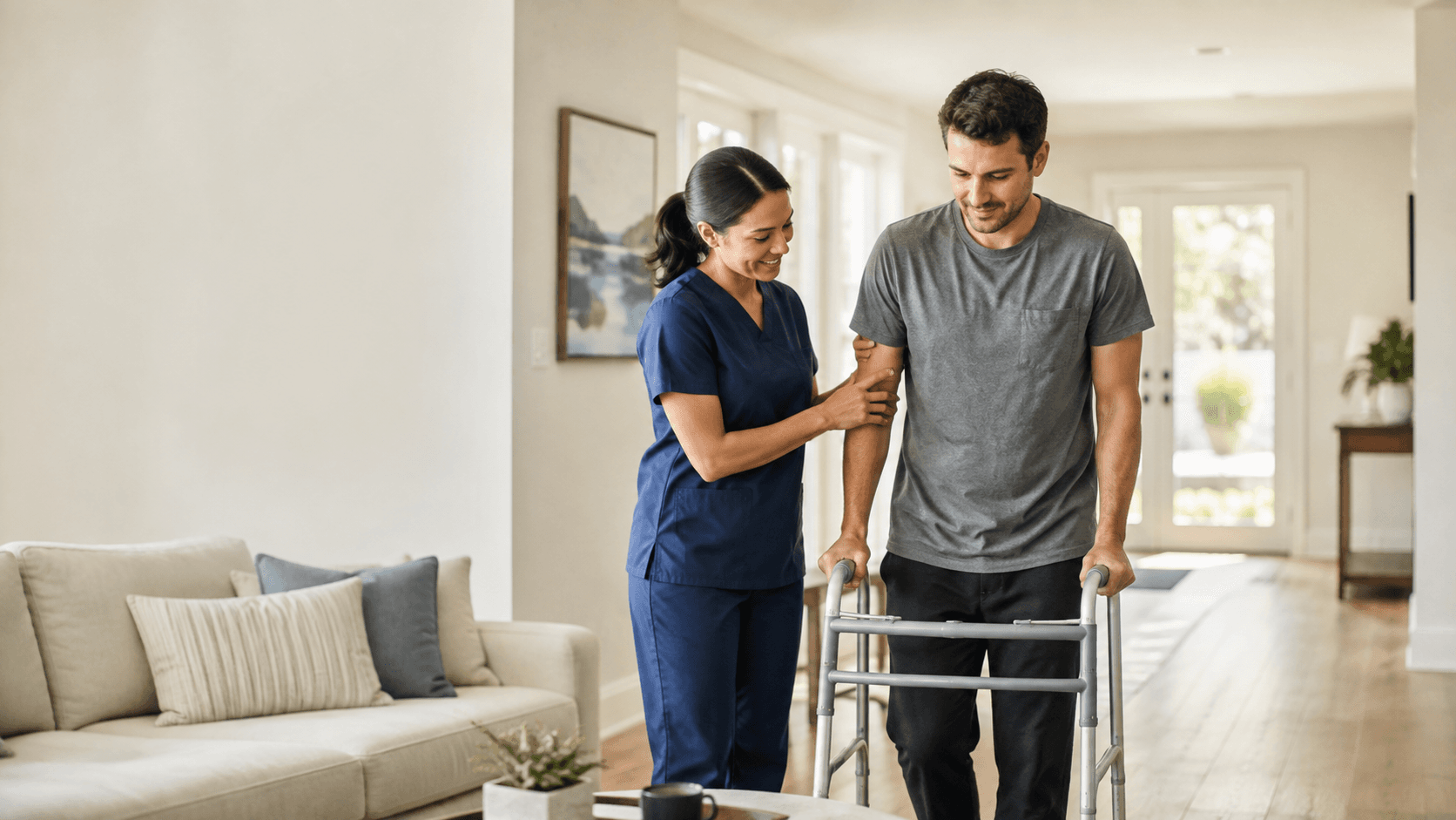 Infirmière accompagnant un patient à son domicile